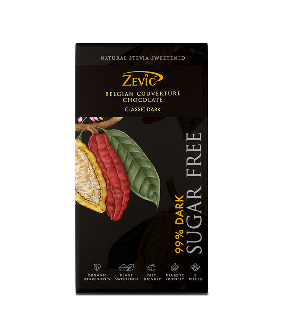 Zevic 99% Dark Belgian Couverture Chocolate with Stevia 96 gm